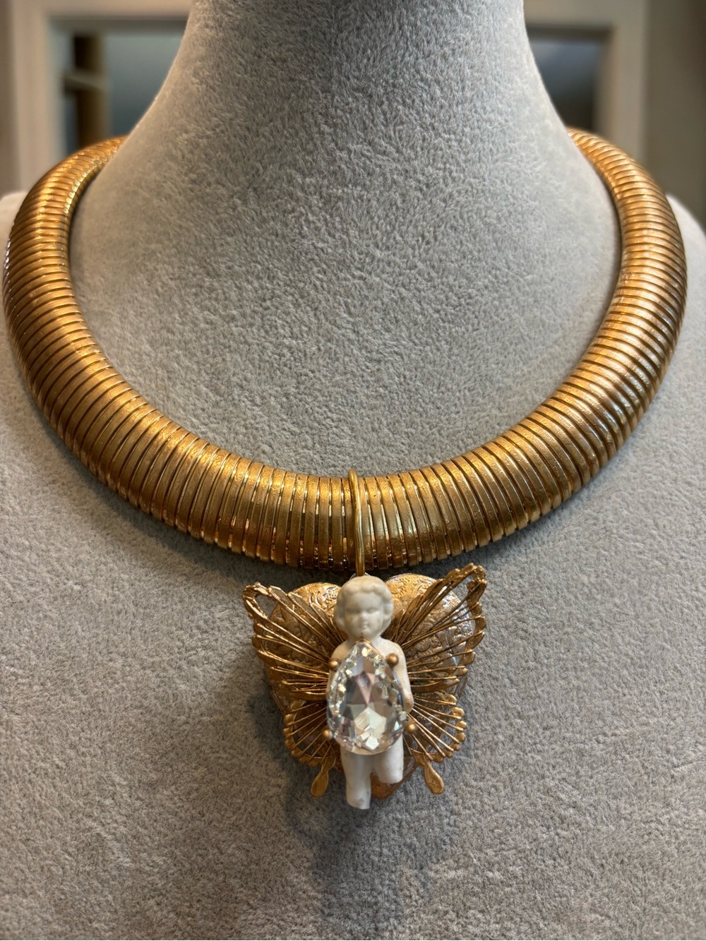 Vintage Gold-Tone necklace w/ repurposed butterfly cherub brooch Pendant